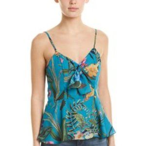 Parker Blue Azule Sardinia Hawaii Exotic Leaves Floral Tank Cocktail Top Blouse